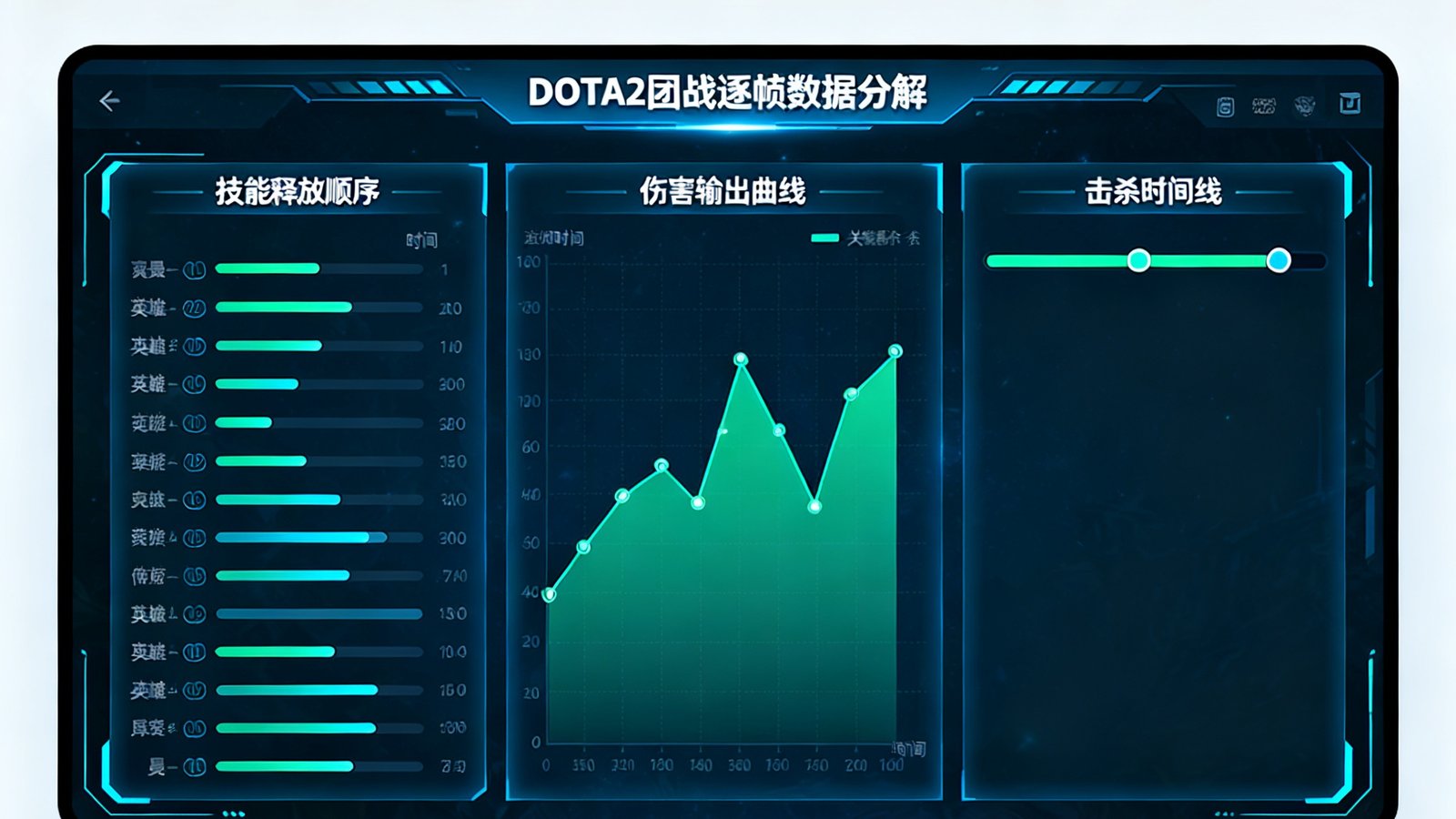 小艾电竞赛事实时追踪面板展示DOTA2一场团战的逐帧数据分解，包括技能释放顺序、伤害输出曲线和击杀时间线