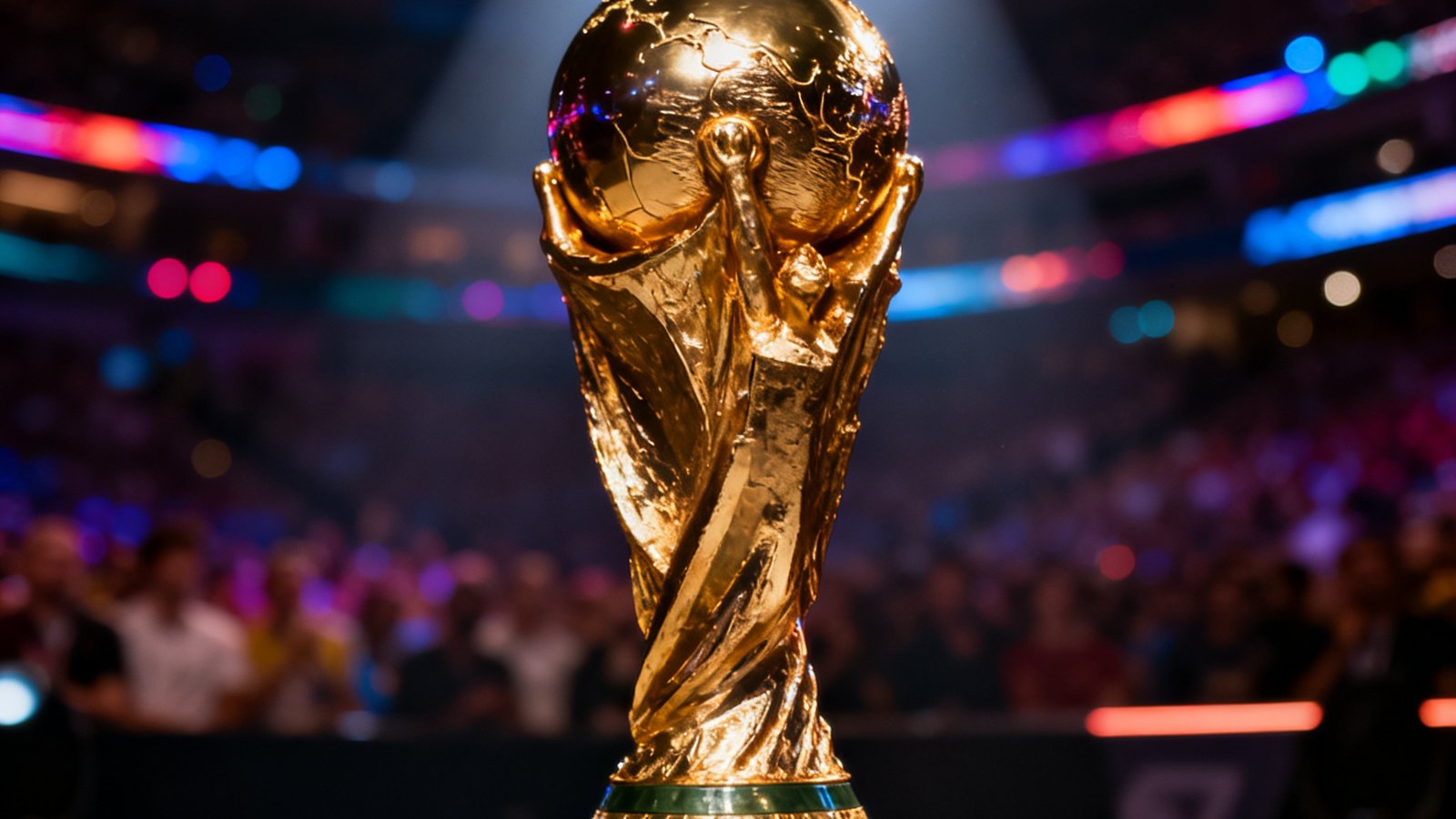 TI13国际邀请赛金色冠军奖杯在舞台聚光灯下的特写照片，背景是模糊的观众席和炫彩灯光