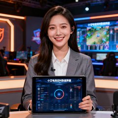 电竞解说员李梦瑶在演播室中面对镜头微笑的职业照，她手中拿着平板展示着小艾电竞的实时数据界面